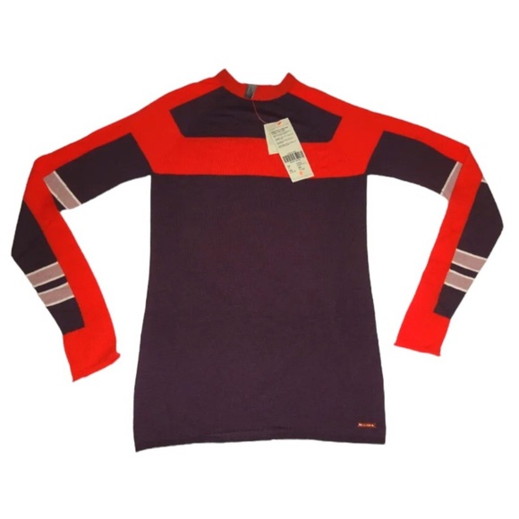 $150 Sweaty Betty Merino Wool Sweater XSmall Color Block High Crew Thumb Holes - Picture 1 of 13